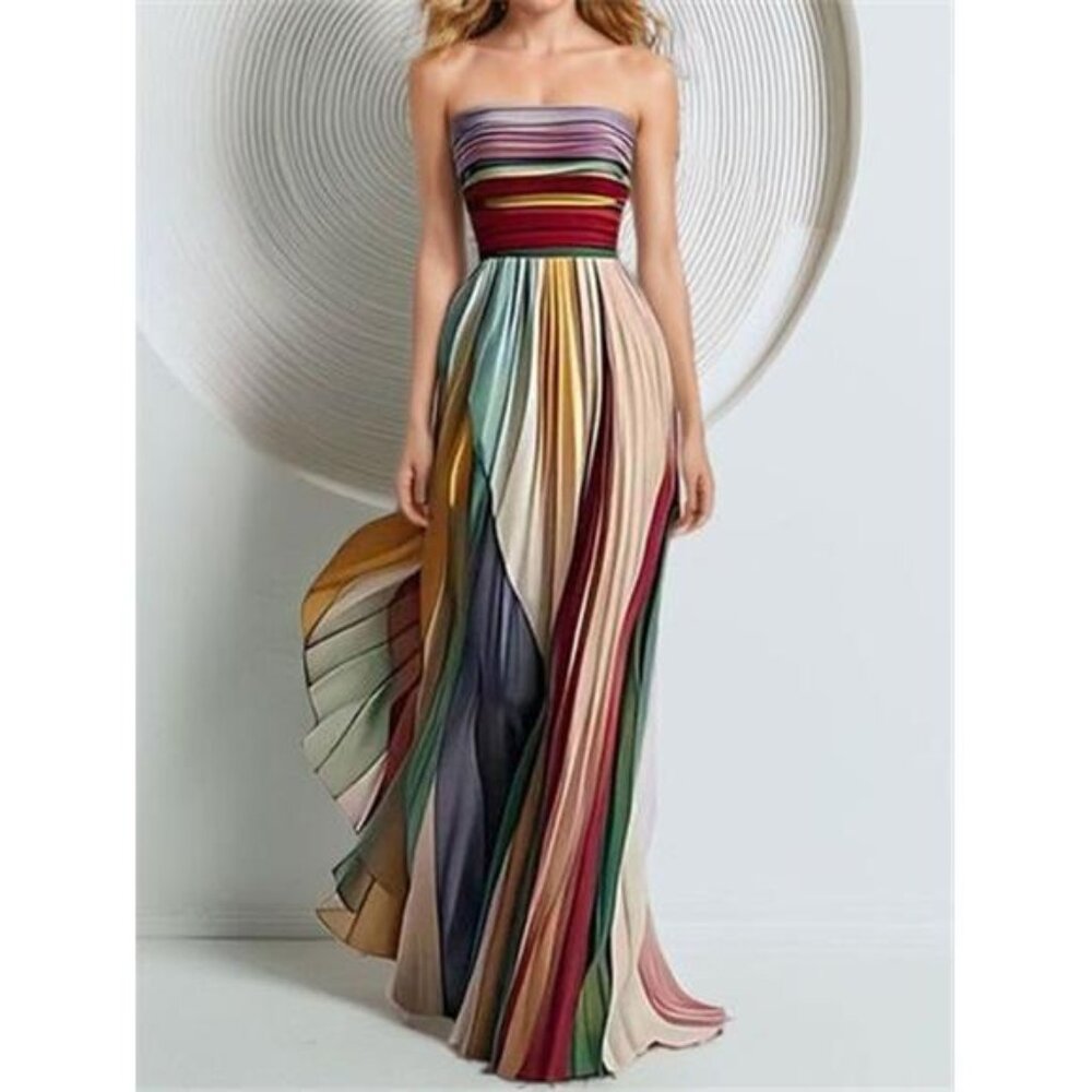 Striped Pleated Strapless Maxi Dress